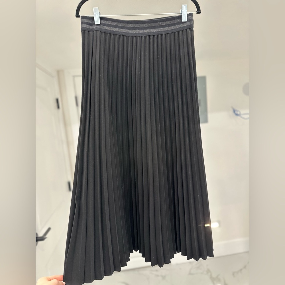 Accordion pleat, black midi, modest skirt.